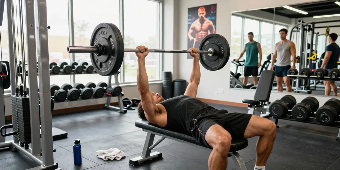 Anabolika Shop - Bodybuilder beim Bankdrücken im modernen Fitnessstudio, umgeben von Trainingsgeräten und einer motivierenden Atmosphäre.