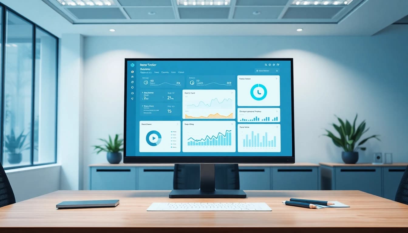 Visualisieren Sie die Benutzeroberfläche eines Review trackers auf einem Büro-Monitor in einem modernen, hellen Arbeitsumfeld.