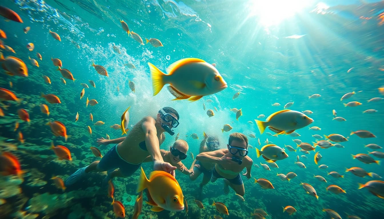 Tauchschule Playa del Carmen: Gruppe von Tauchern schwimmt durch eine farbenfrohe Unterwasserwelt mit Korallen und Fischen.