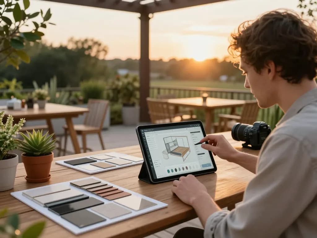 Echtzeit-Veranda 3D Konfigurator-Setup, das innovative Gestaltungslösungen für Außenräume mit einem interaktiven Tablet präsentiert.