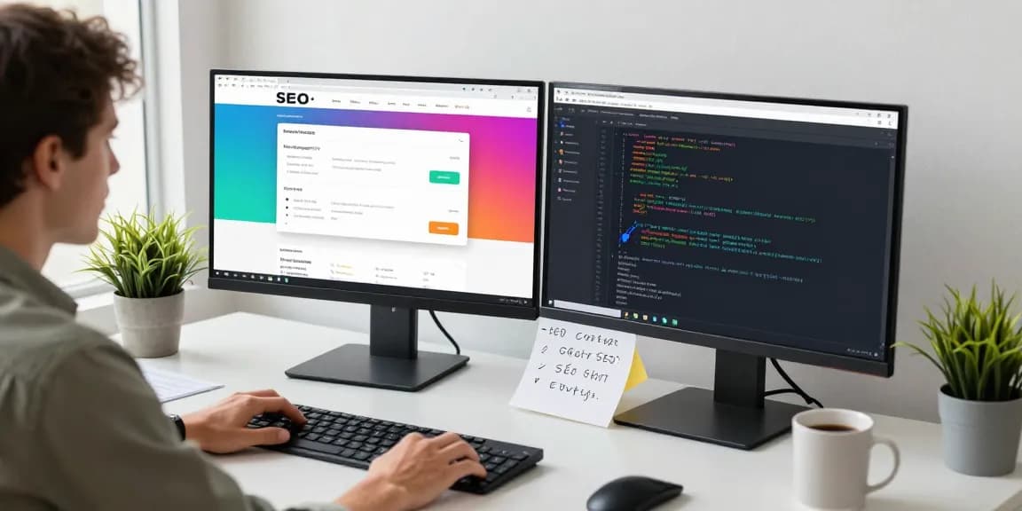 Website mit SEO-Analyse in einem modernen Design-Arbeitsbereich mit Keyword-Tools und lebhaften Layouts.