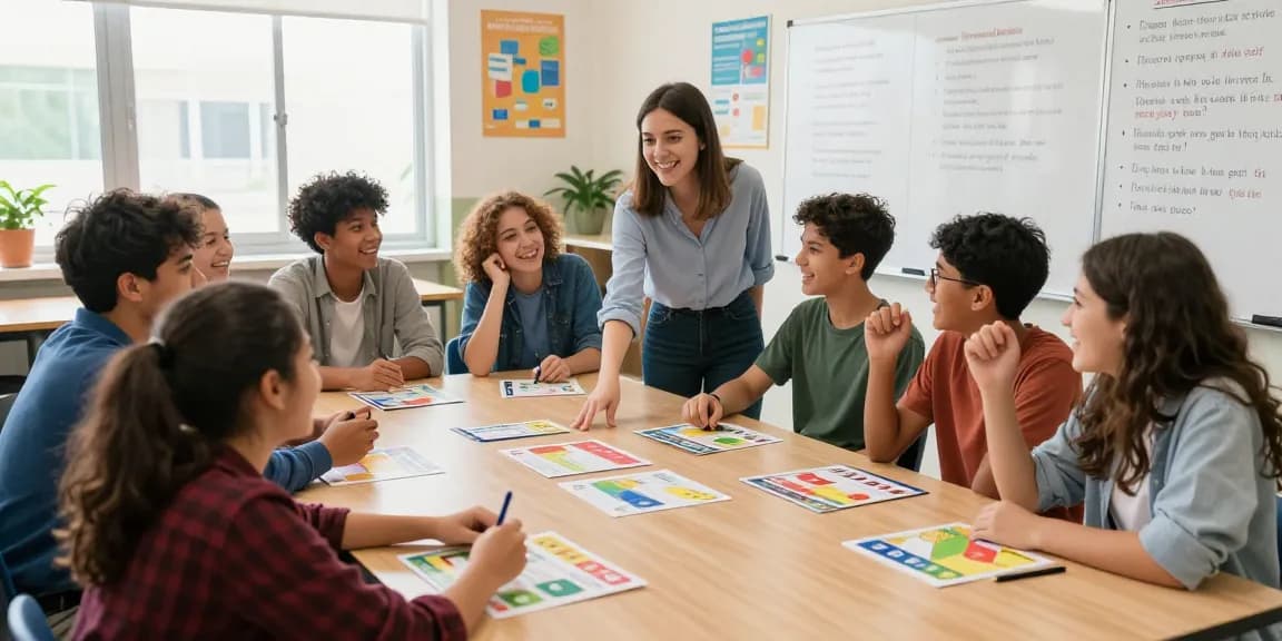 Students engaging in Quiz Allgemeinwissen competition in a bright classroom setting, showcasing teamwork and knowledge.