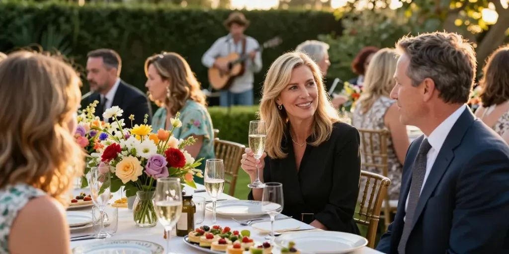 Tucker Carlson Wife Heiress Net Worth showcased in an elegant garden party setting with Susan Andrews charming guests.