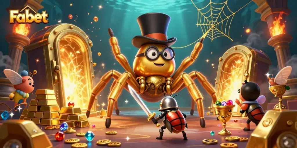Experience Fabet's exciting gaming world with a golden tarantula weaving a web of jackpots and treasures.