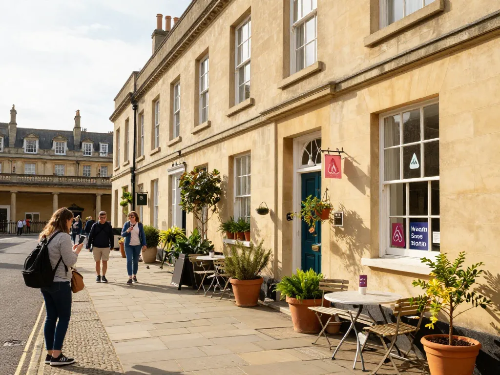 Airbnb management in Bath with welcoming Georgian townhouse and tourists exploring the area.