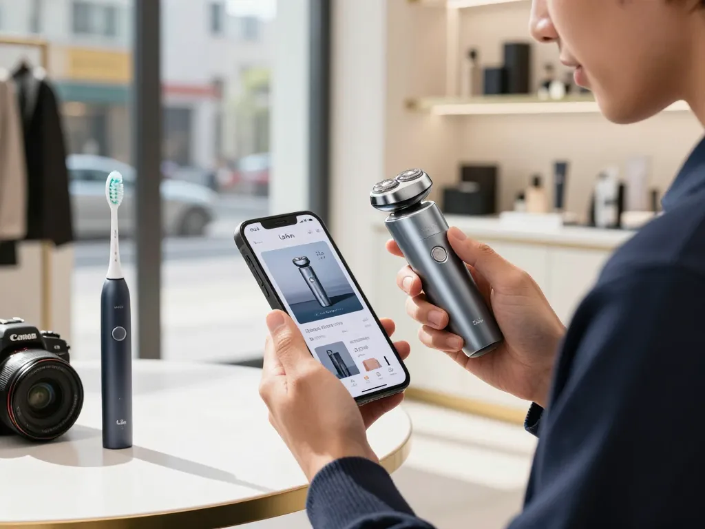 Einkauf von Laifen EU Pflegeprodukten in einer stilvollen urbanen Boutique, die einen luxuriösen elektrischen Rasierer und eine Zahnbürste präsentiert.