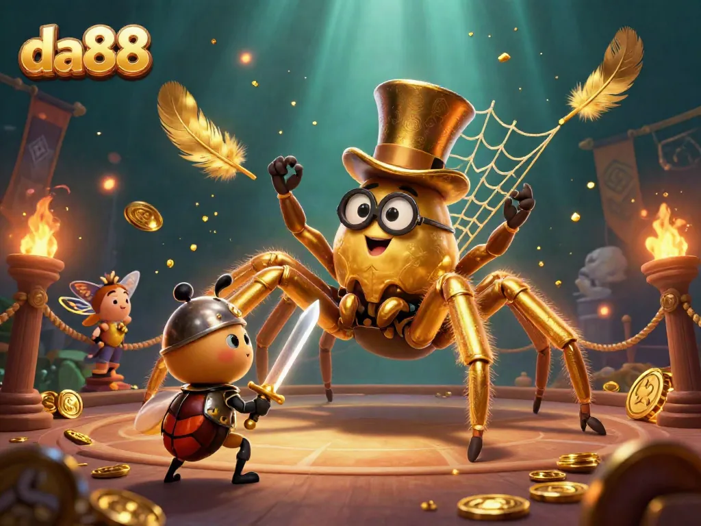 Engage with da88's vibrant casino adventure featuring a golden tarantula and brave beetle knight.