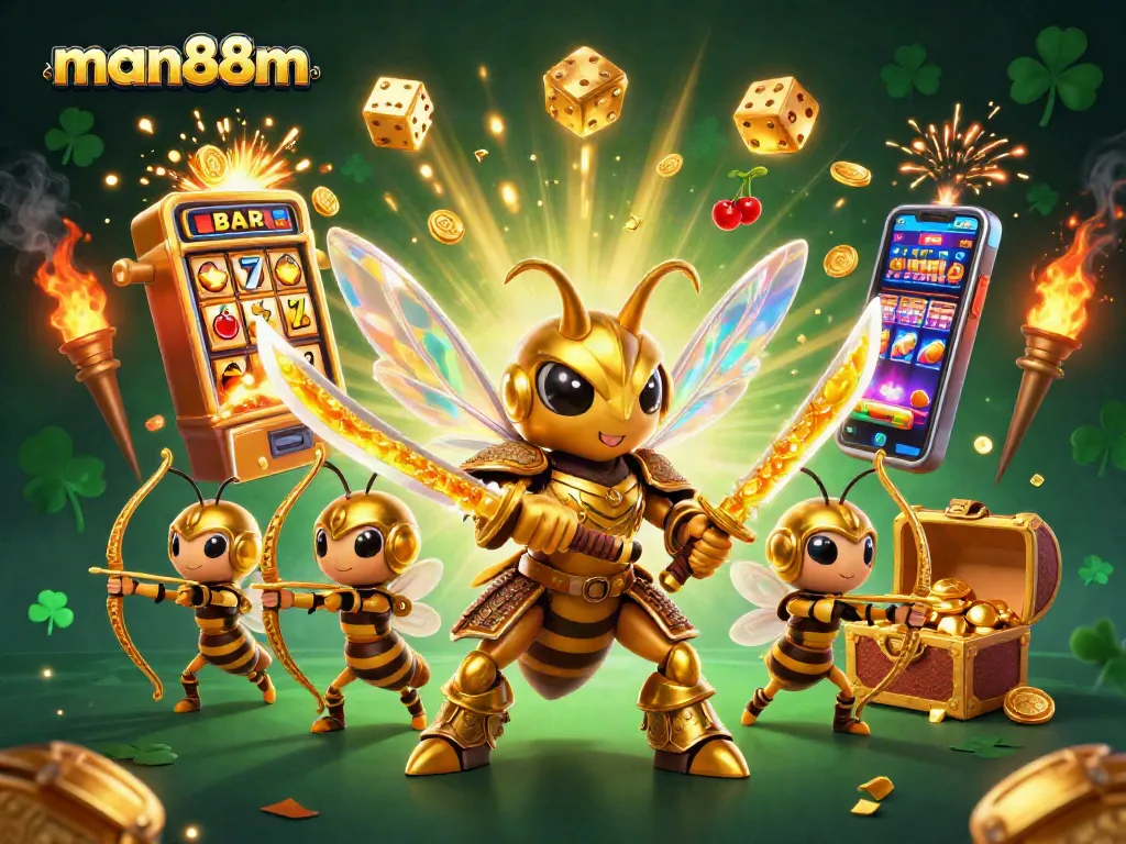 Engage with exciting man88m slots, featuring a dynamic gaming scene with gold coins and vibrant prizes.