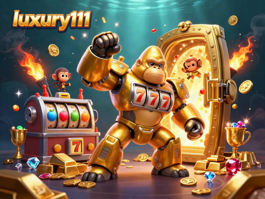 Experience thrilling wins with luxury111's golden gorilla mech in a dynamic casino setting.