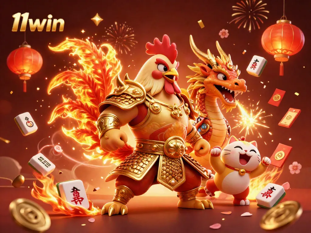 Join the excitement of 11win with a vibrant gambling scene featuring a warrior rooster, dragon, and celebration elements.