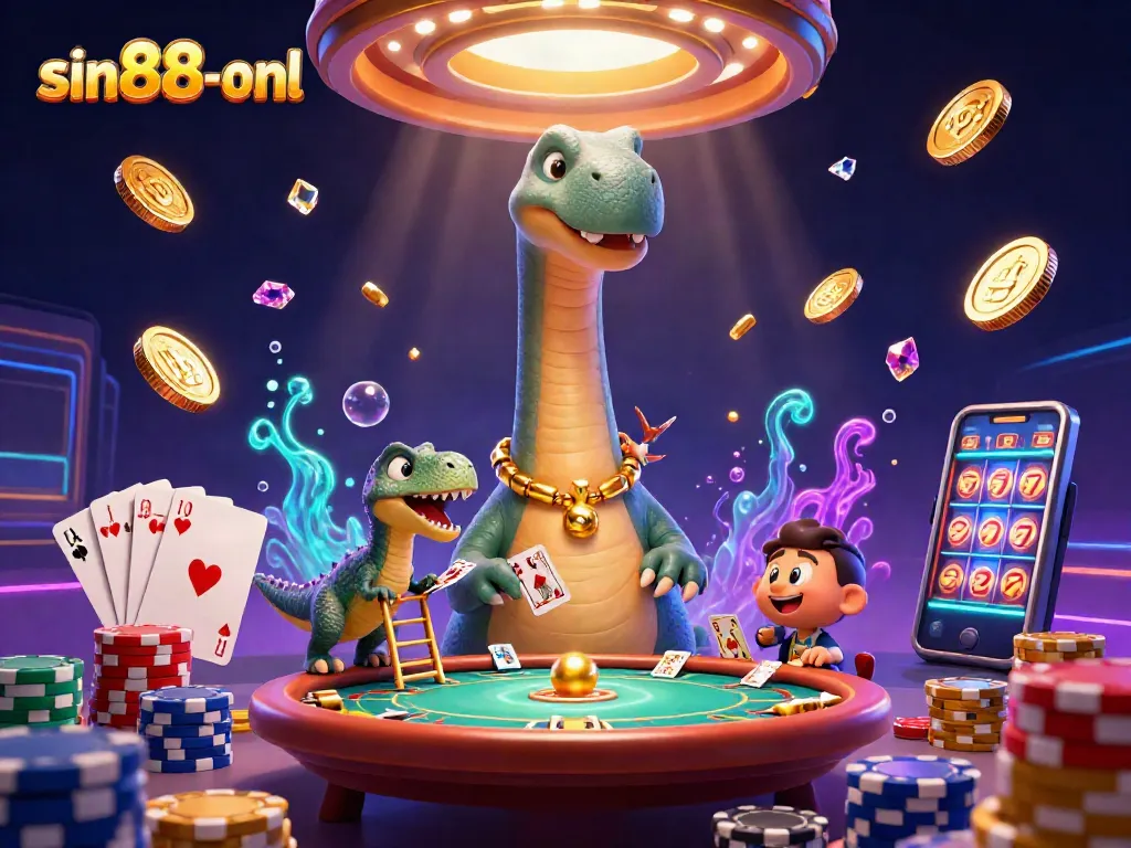 Experience the exciting world of sin88-onl, featuring a giant brontosaurus surveying a poker game amidst a cascade of riches.