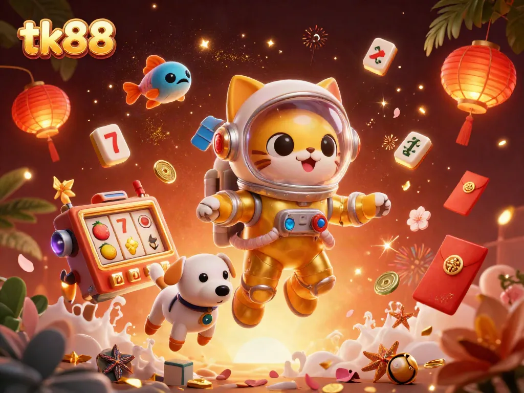 Engage with the tk88 online casino experience featuring vibrant slots, lucky symbols, and animated 3D characters.