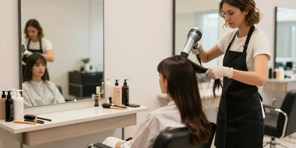 Ionen Haartrockner im Einsatz in einem stilvollen Friseursalon.