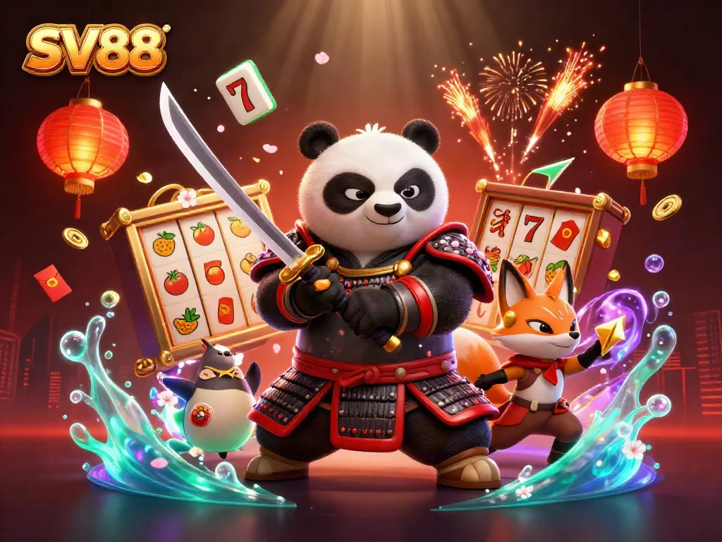 Enjoy thrilling slot games at SV88 with a vibrant samurai and magical characters amidst dazzling casino elements.