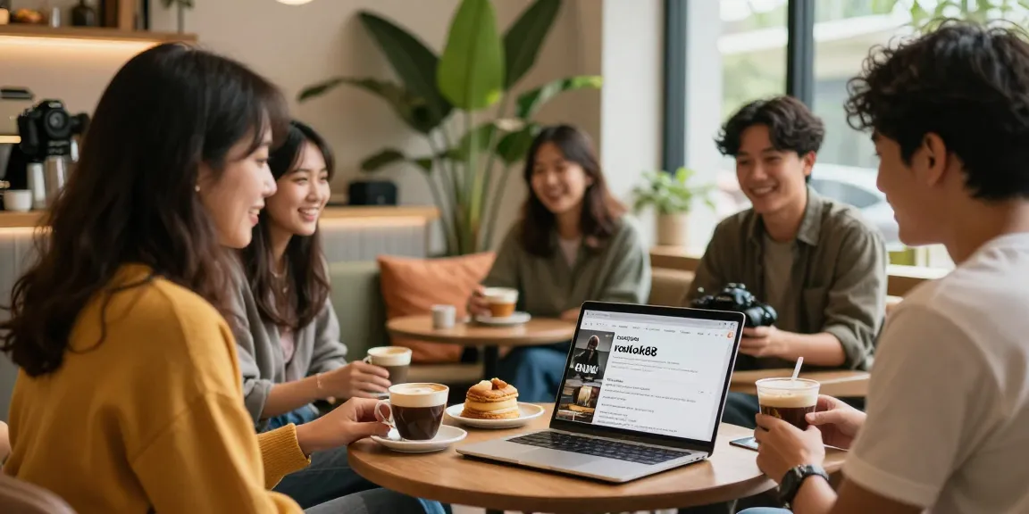Friends enjoying coffee at a café, discussing rokok88 features, in a cozy atmosphere.