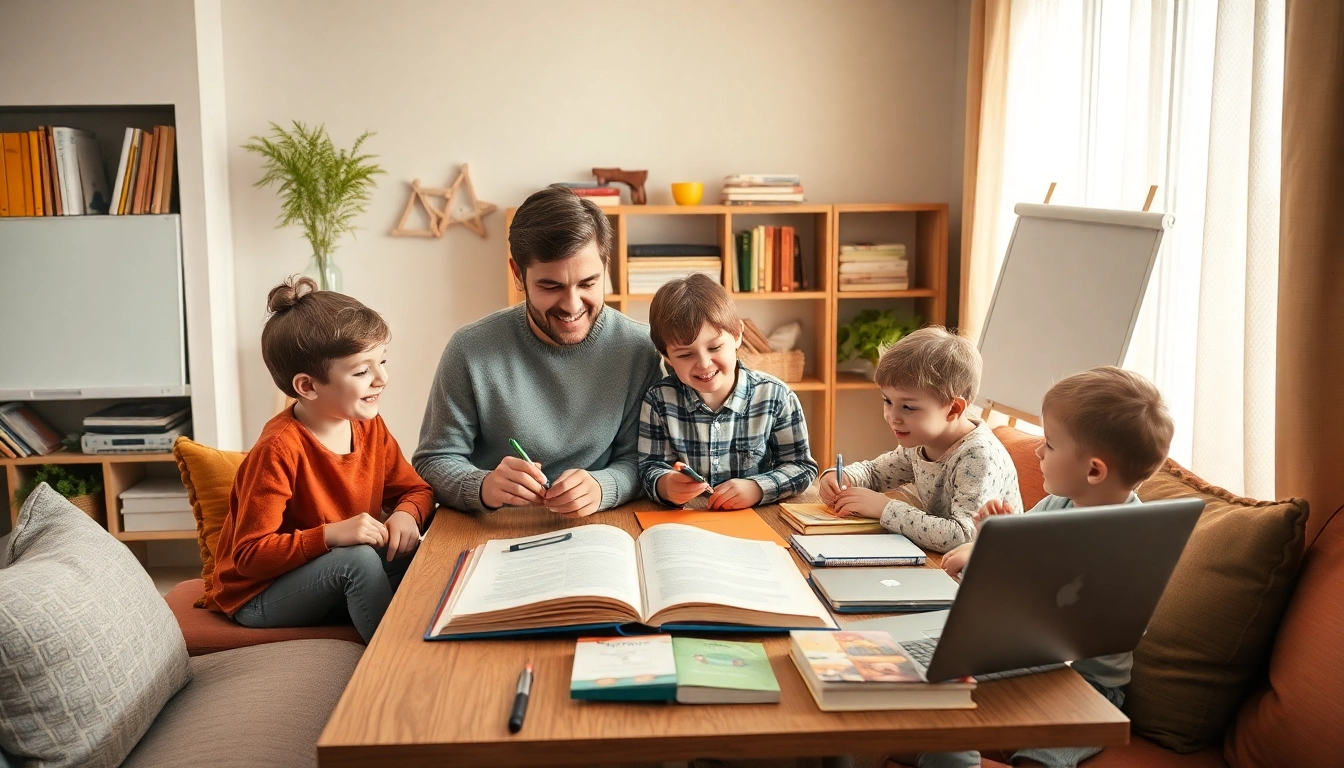 Familie beim Heimunterricht im gemütlichen Wohnzimmer mit Lernmaterialien und Kindern.