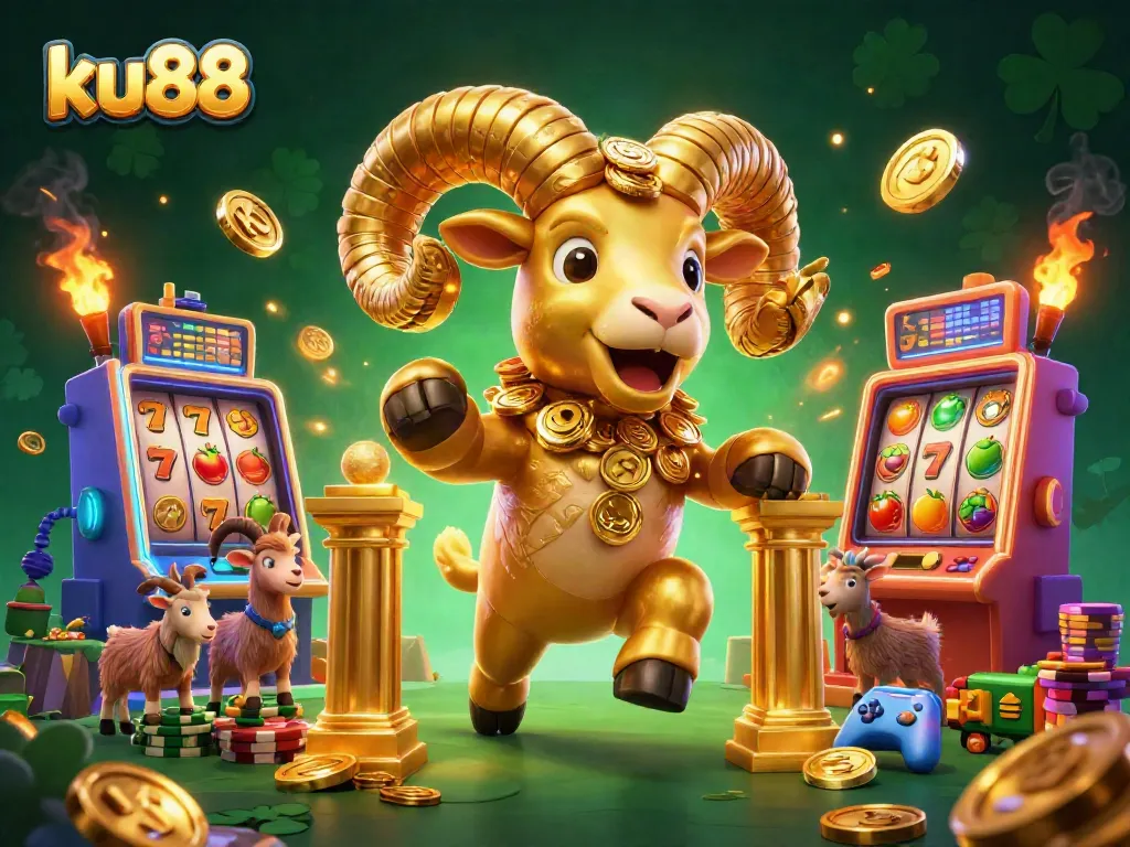 Experience thrilling slot action with ku88's dynamic golden ram charging through colorful game elements.