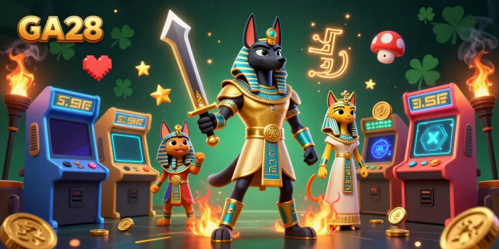 Experience GA28, a vivid 3D scene with Anubis and Bastet amid dynamic casino-themed elements.
