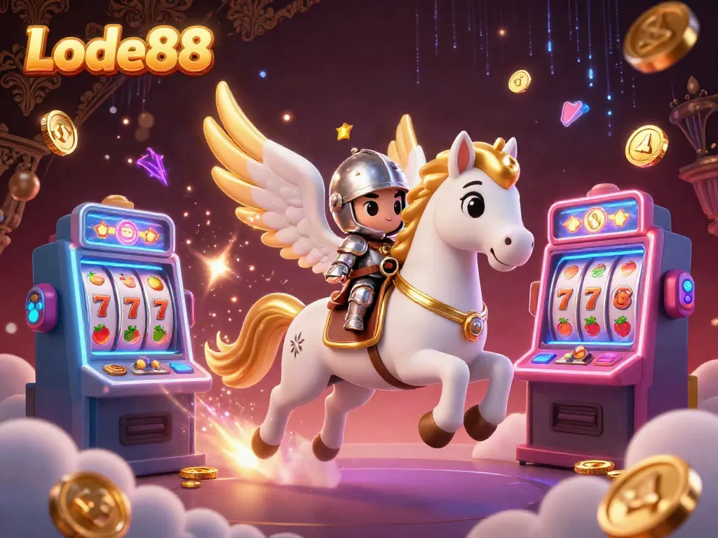 Experience the thrill of Lode88 with captivating slot machines and a magical knight in a vibrant casino.