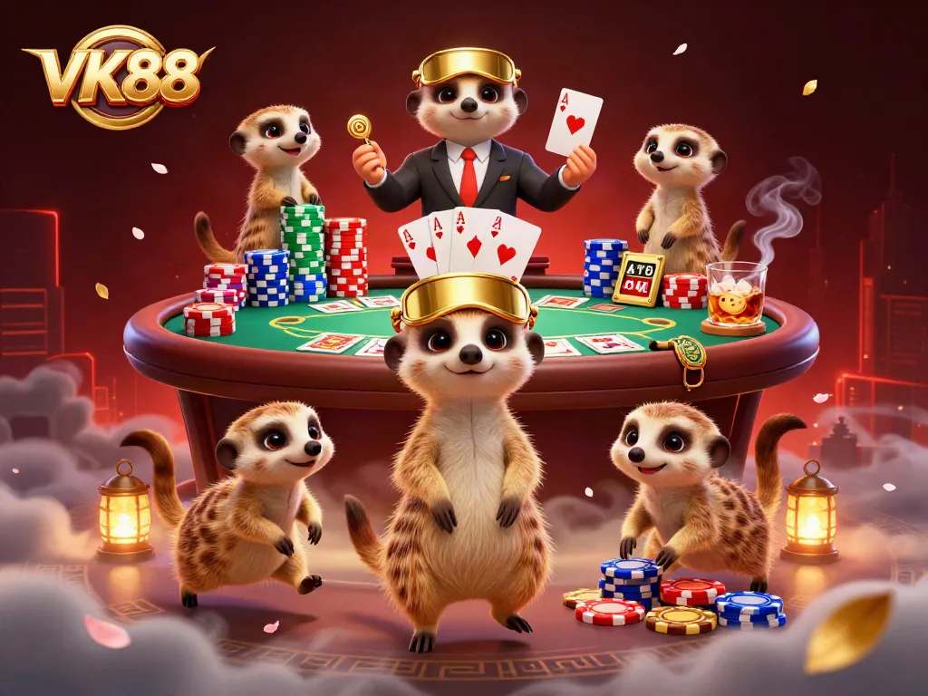 VK88 showcases a lively meerkat casino with dealers and vibrant poker elements.