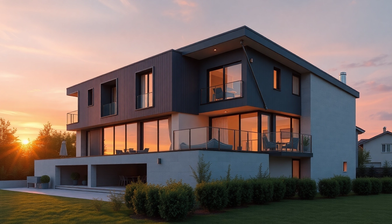 3D Visualisierung eines modernen Wohnhauses bei Sonnenuntergang, das realistische architektonische Details zeigt.