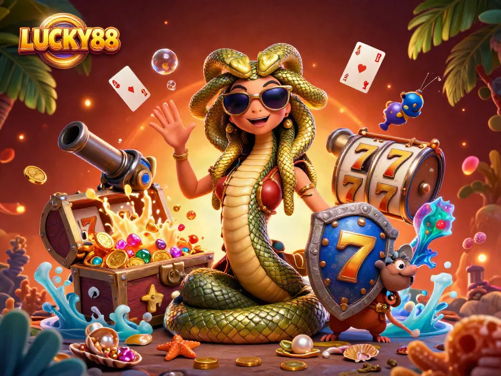 Experience thrilling jackpots at LUCKY88 with Medusa and a warrior mouse in a vibrant scene.