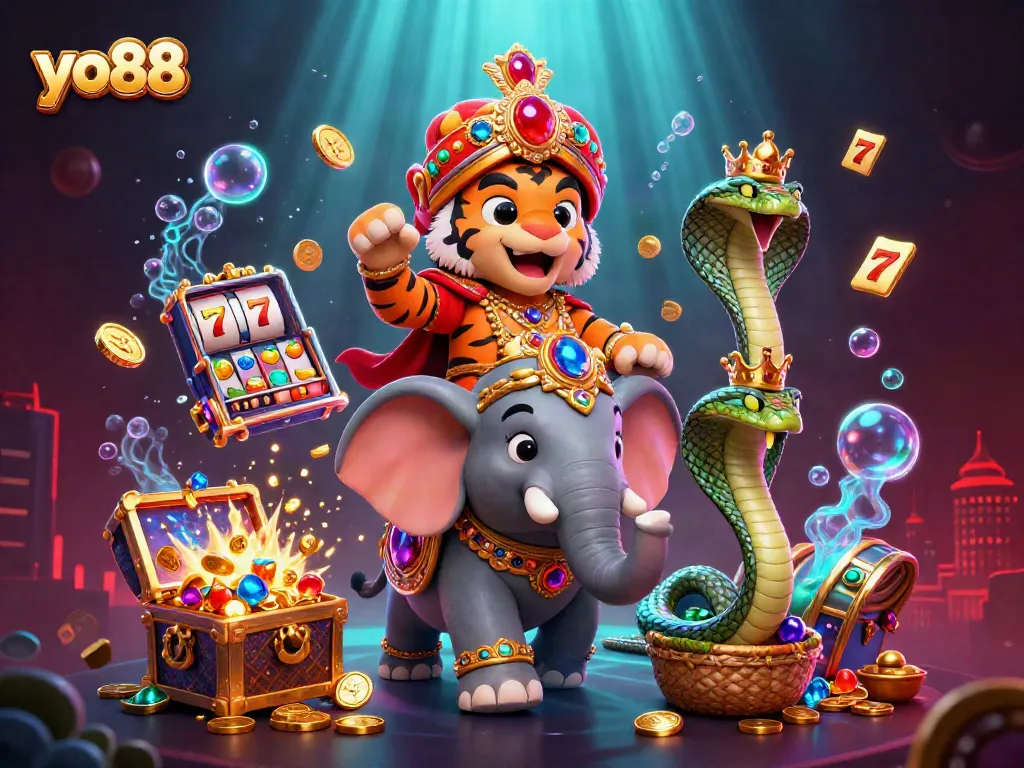 Experience the excitement of yo88 with a vibrant 3D scene showcasing a maharaja tiger, elephant, and spinning reels surrounded by treasures.