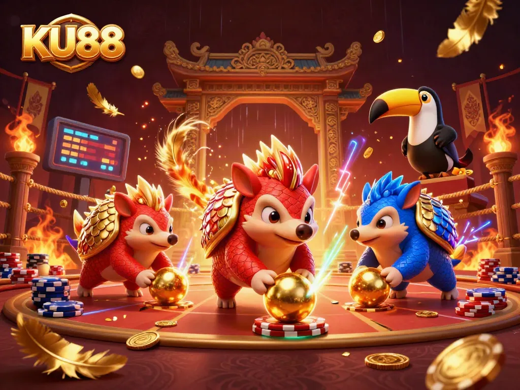 KU88 pangolins compete in a vibrant casino setting, showcasing dynamic gameplay with poker chips.