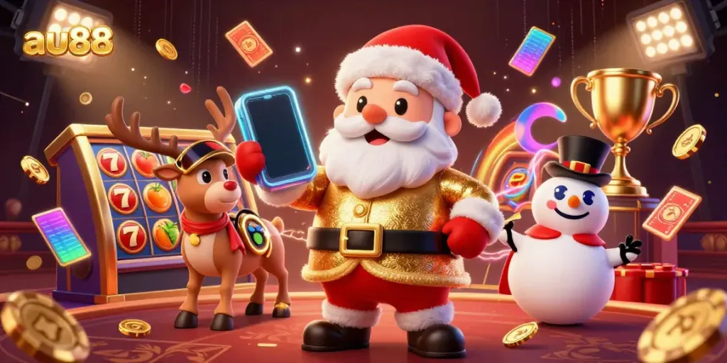 Spin the reels with au88's vibrant casino adventure featuring characters in a festive scene.