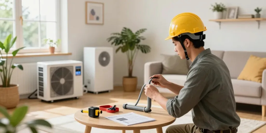 Wärmepumpen Installation in einem modernen Wohnzimmer mit natürlichem Licht sowie einem effizienten und nachhaltigen Ansatz.