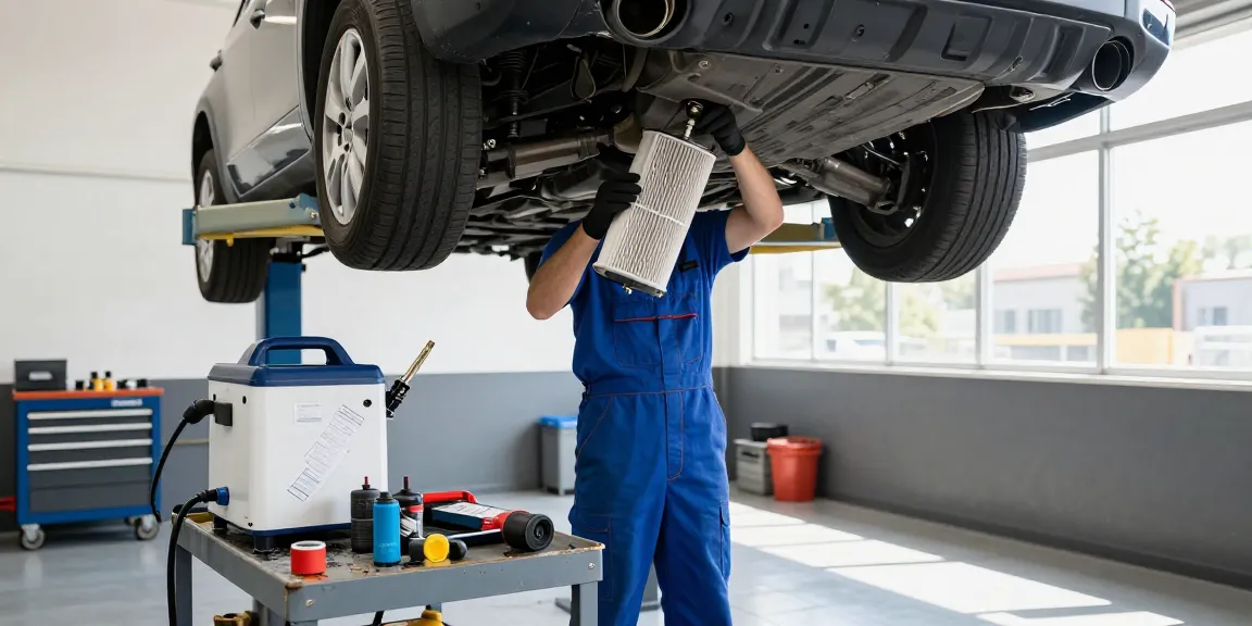 DPF Reinigung Laatzen im Werkstattbereich, Mechaniker bei der Inspektion des Partikelfilters.