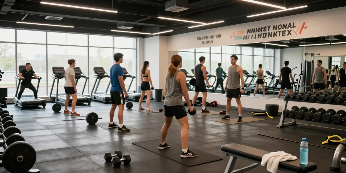 Aktive Sportler im Selliza Shop Fitnessstudio, die verschiedene Workouts durchführen.