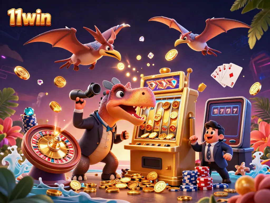 Experience thrilling wins with 11win as dynamic characters chase jackpots amid flying coins and exciting casino elements.