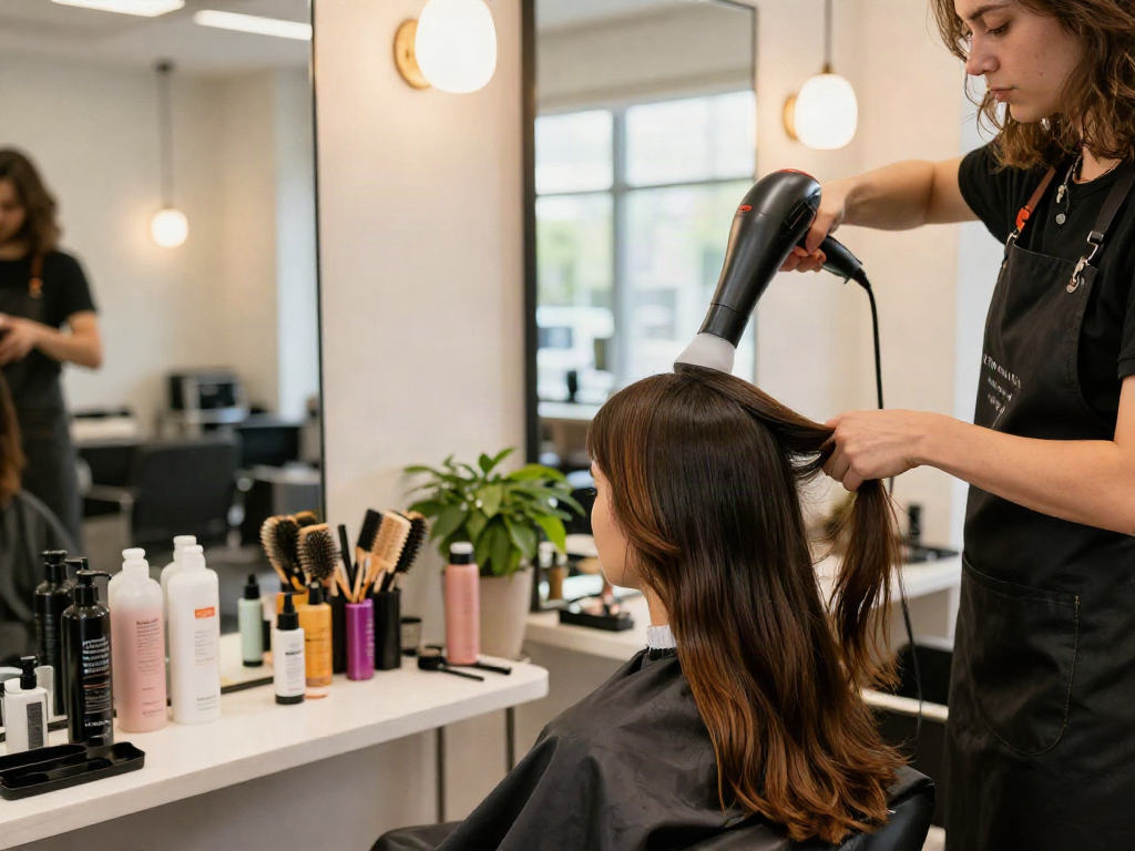 Laifen Haartrockner wird im Beauty Salon verwendet, während ein Stylist die Haare einer Kundin trocknet und stylt.