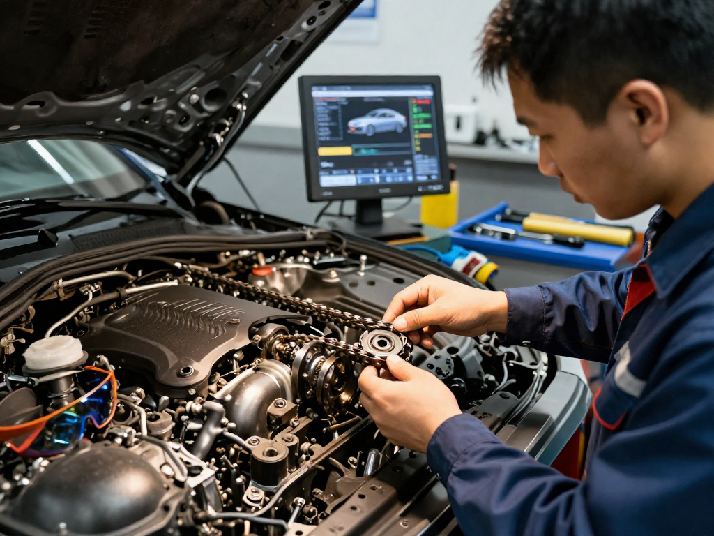 Professioneller Mechaniker beim BMW Steuerkette wechseln in moderner Werkstatt mit Hochwertiger Ausrüstung