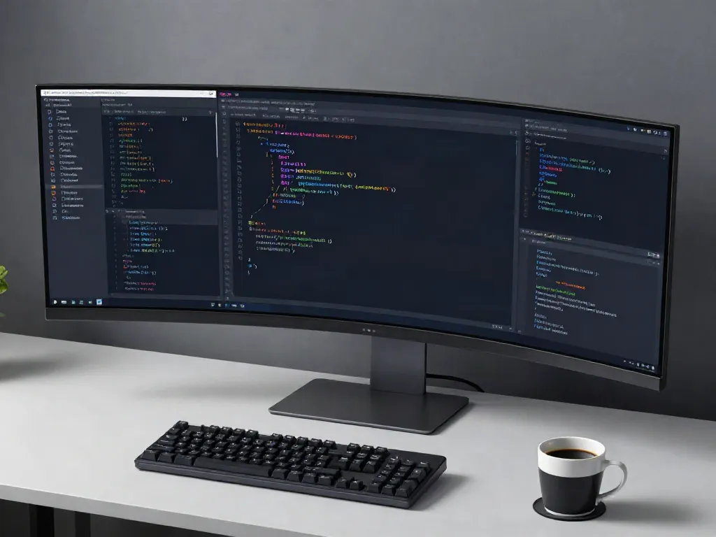 Secure code review in a high-tech developer workspace featuring source code and testing terminal.
