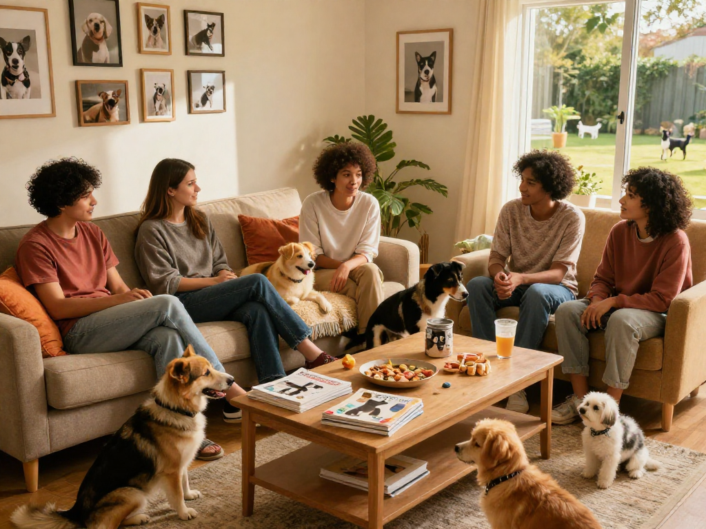 Heartwarming rokok88 pet community gathering scene in a cozy living room.
