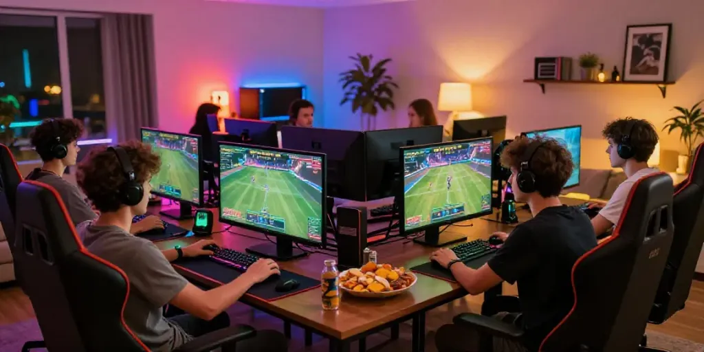 Friends enjoying a thrilling session of Alternatif Bola88 online betting in a lively gaming room.