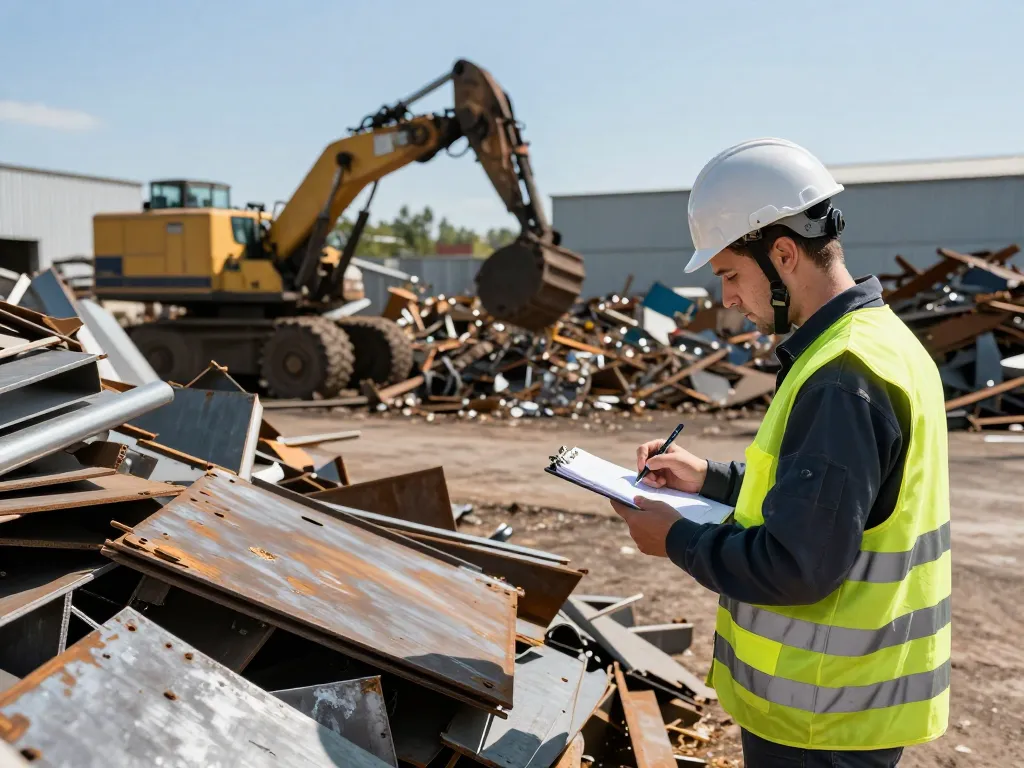 Schrotthändler inspiziert Metallschrott in einem geschäftigen Recyclinghof, der nachhaltige Praktiken präsentiert.