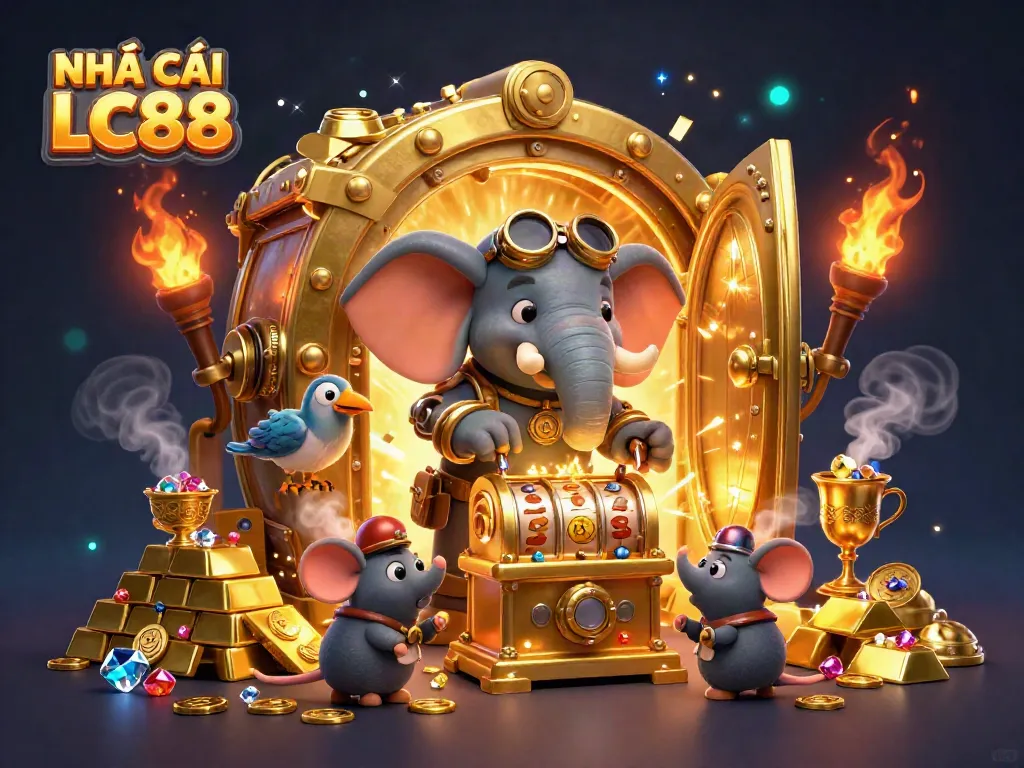 Experience the excitement of NHÀ CÁI LC88 with a lively 3D scene featuring a steampunk elephant at a golden slot machine.
