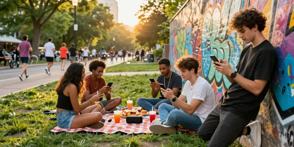 Friends enjoying a vibrant day at the park, celebrating rokok88 culture and community.