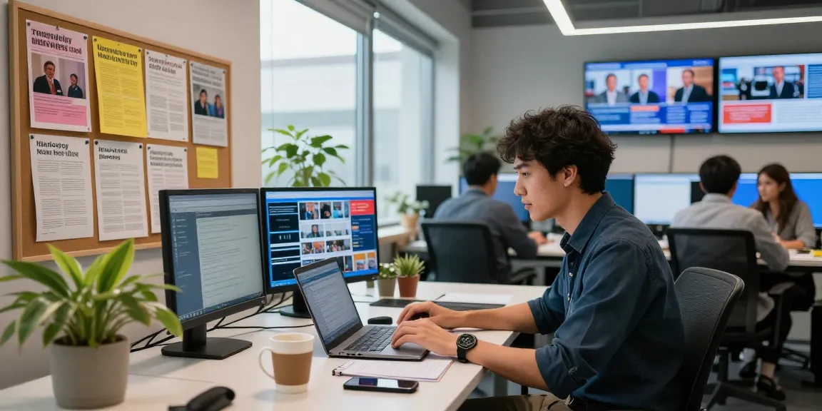 Dynamic newsroom scene highlighting newsbochum's vibrant community engagement with journalists and news articles.