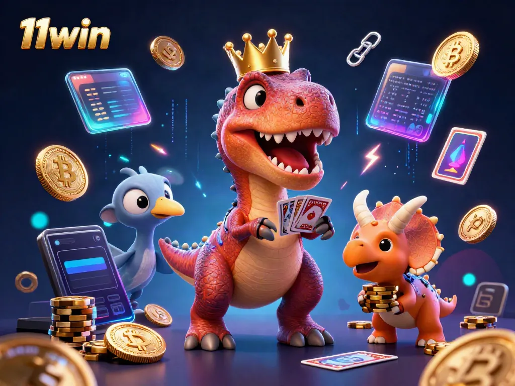 11win showcases a fun 3D scene with a T-Rex and friends engaging in card games while surrounded by digital currency elements.