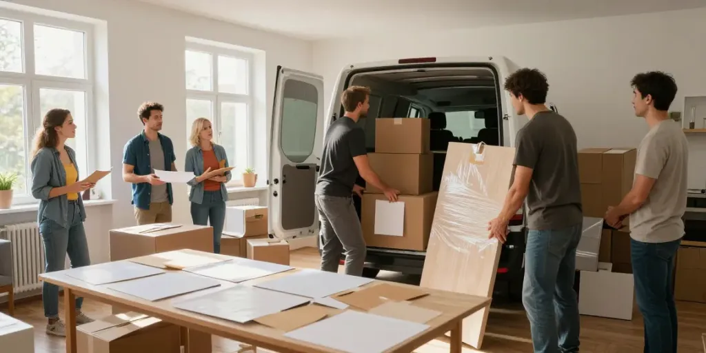 Effektive Wohnungsauflösung in Berlin Hellersdorf mit professionellen Umzugshelfern, die Möbel und Kartons laden.