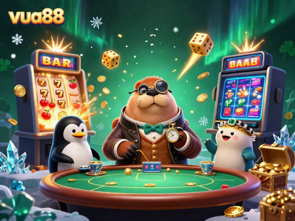 Experience vibrant gaming action at vua88 with a jolly walrus, penguin dealer, and pufferfish player in this lively underwater casino scene.