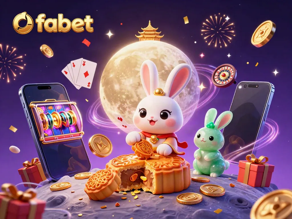 Win big at Fabet with a dynamic scene featuring a moon rabbit celebrating gambling victories.
