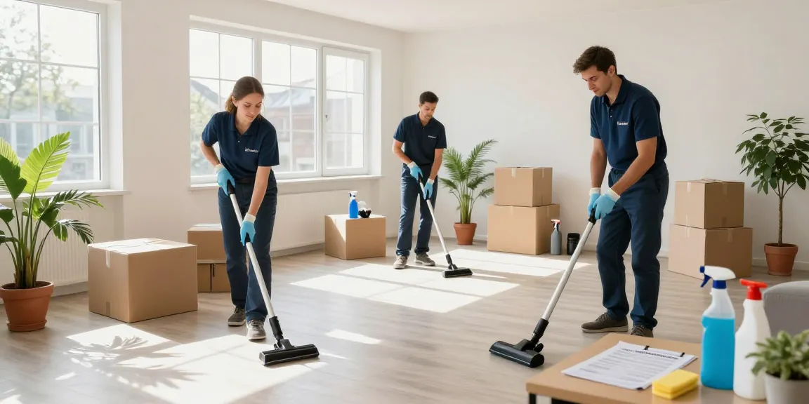Professionelle umzugsreinigung solothurn Szene mit Reinigungskräften, die eine helle Wohnung organisieren und reinigen.
