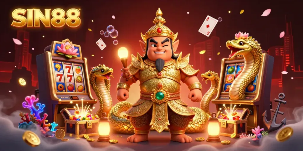 SIN88 gambling scene featuring a guardian in golden armor with lucky slot machines and golden treasures.