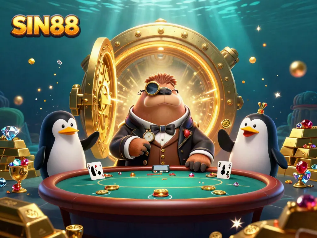 SIN88 walrus and penguin dealer at an underwater poker game with treasures