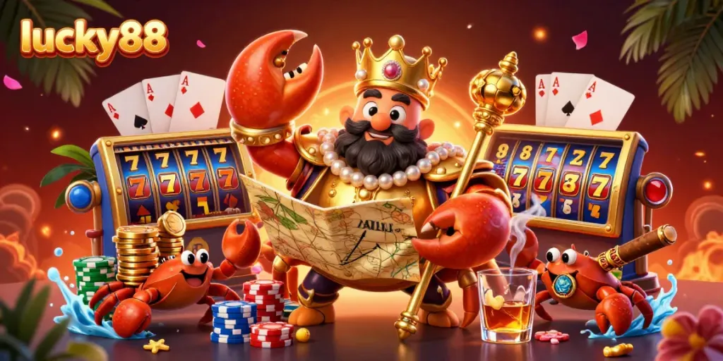 Spin and win with lucky88, featuring a golden crab emperor, slot reels, and vibrant poker chips.